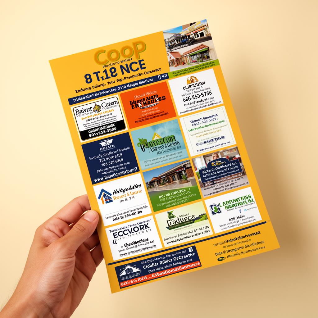 9x12 co-op postcard mailer showing multiple local businesses